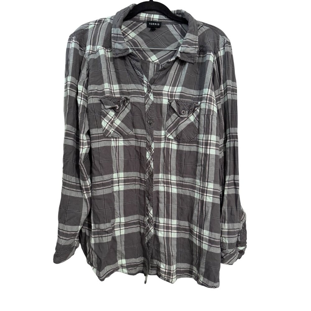 Torrid Womens Plaid Button-Up Shirt Size 2 Gray & White 100% Rayon
